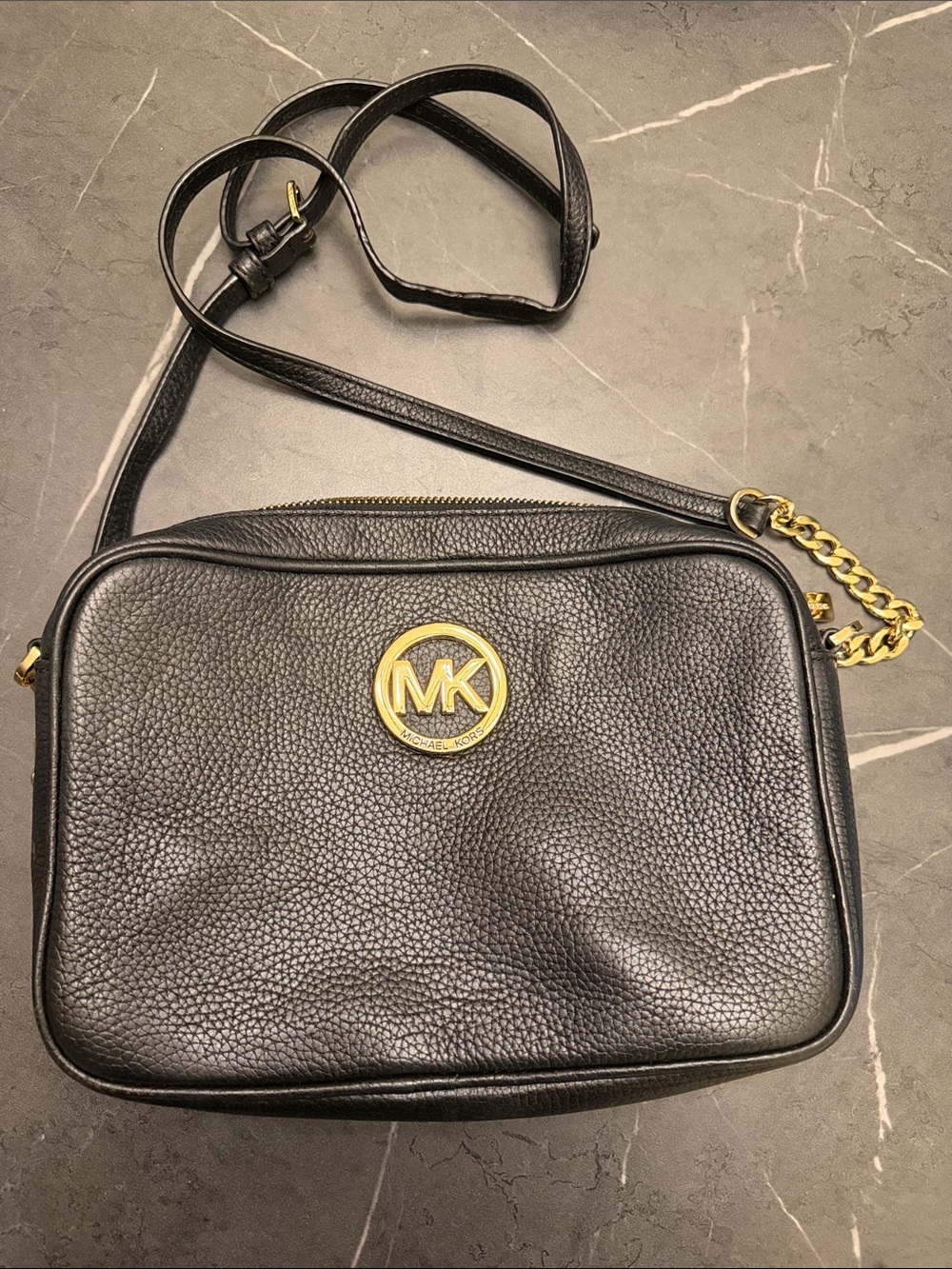 Michael Kors Black Pebbled Leather Crossbody with Gold Hardware